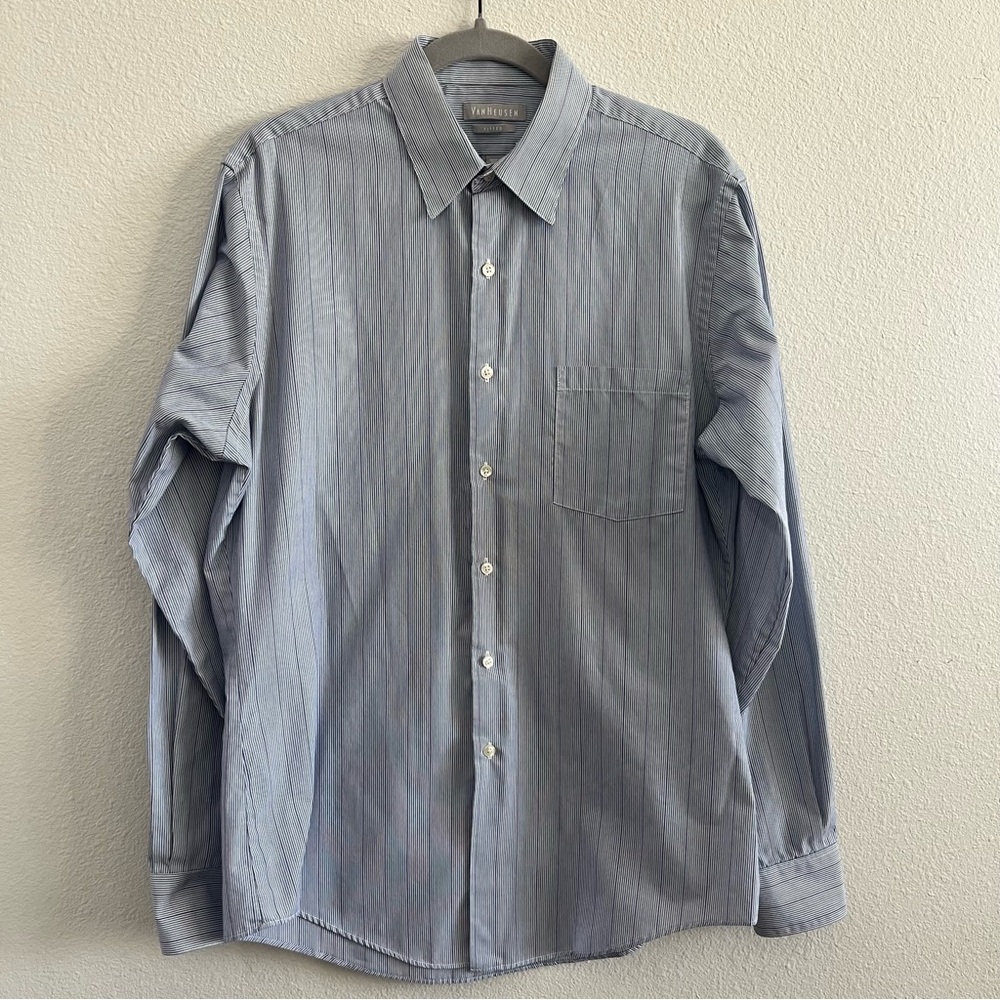 Van Heusen blue and white vertical striped fitted dress shirt